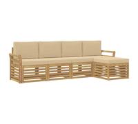Set di divani da esterno 5 pezzi, bianco e beige in poliestere | Legno di acacia massiccio,modulabile,terrazza,giardino,piscina,linea moderna,facile manutenzione,montaggio rapido