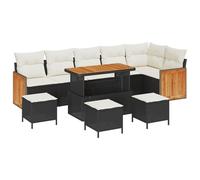 Set di Divani da Giardino 10 Pezzi con Cuscini Nero Polyrattan Acacia