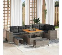 Set di divani da giardino, 9 pezzi, 6 posti, in polyrattan, grigio, con | Resistente ai raggi UV, telaio in acciaio verniciato a polvere, spazio nascosto, piano del tavolo regolabile in altezza