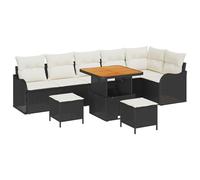 Set di Divani da Giardino con Cuscini 9 Pezzi Polyrattan Nero Acacia, Divano da Giardino 2 Posti con Ripostiglio e Cuscini Polyrattan Nero, Set da Pranzo da Giardino 3 Pezzi con Cuscini Polyrattan Ne