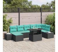 Set di divani da giardino modulari, 8 pezzi, nero e blu, in polyrattan con | 2 divani angolari 3 posti sgabello tavolo soggiorno esterno durevole minimalista