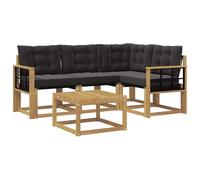 Set di Divani Esterni 5 Pezzi Bianco e Nero Legno di Acacia | Tessuto, cuscini rimovibili con cerniera, vassoio a doghe, drenaggio, giardino, patio, cortile, piscina