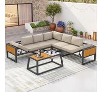 Set di divani modulari da esterno con schienale regolabile, braccioli estraibili e secchiello per il ghiaccio in metallo, cuscini spessi 10 cm per terrazza, balcone, zona piscina, grigio/beige