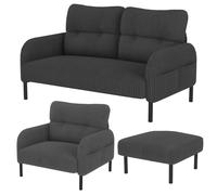 Set di divani modulari in velluto a coste, 3 pezzi, 2 posti, con schienale ergonomico, tasca laterale, struttura robusta in metallo e legno, ideale per soggiorno e piccoli spazi