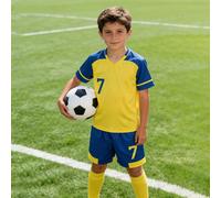 Set di divisa da calcio per ragazzi pre-adolescenti Riyadh Victory Away #7 in giallo e blu - Poliestere, maglia a girocollo a maniche corte e pantaloncini, adatto per sport, allenamento e uso casual,