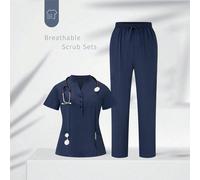 Set di divisa da infermiera formato plus size con top a scollo a V e pantaloni tinta unita 0XL,1XL,2XL,3XL,4XLColore unicoTessuto,Tessuto intrecciato