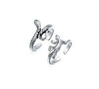 Set di Due Anelli da Dito a Forma di Serpente e Geco per Donna e Ragazza in Argento Sterling .925 Ossidato Regolabile