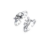 Set di Due Anelli per Dita del Piede con Elefante Fortunato con Proboscide in Su & Geco Rettile da Giardino per Donna Teenager in Argento Sterling .925 Lucidato Regolabile