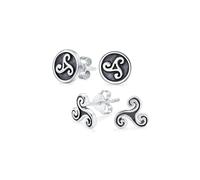 Set di due antichi orecchini a cerchio rotondo a spirale con piccolo simbolo celtico irlandese Trinità Triskele per uomini e donne in argento sterling ossidato .925