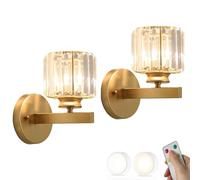 Set di due applique da parete in cristallo, applique a batteria, con telecomando, lampadina dimmerabile, lampada da parete a LED senza fili, illuminazione senza fili, nero dorato, per camera da