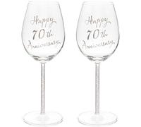 Set di due bicchieri da vino in platino per il 70° anniversario di matrimonio con stelo in diamante argentato, 400 ml / 13,5 once fluide
