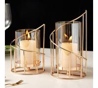 Set di due candelieri in metallo - Candelieri in vetro - Candele tealight decorative dorate - Adatto per