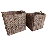 Set di due Cesto Intrecciato per Piante, Porta Vaso da Giardino in Vimini Giunco con manici in Corda. Rattan Naturale Ecosostenibile - Ideale per Interno ed Esterno Cm 45x45x45 H e Cm 53x53x47 H