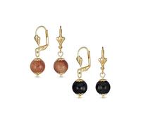 Set di due classici ed eleganti orecchini pendenti rotondi semplici in pietra dorata marrone e onice nero con chiusura a leva per donne in ottone placcato oro giallo 18K lucidato 8MM.