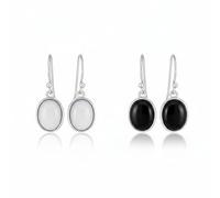 Set Di Due Eleganti Orecchini Pendenti Con Cabochon Ovale In Agata Bianca E Onice Nero Incastonati Per Donna In Argento Sterling .925 Con Gancio A Filo