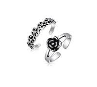 Set di Due Fiori di Margherita Aperto Intagliato & Rosa Nera Incisa Anello da Dito del Piede con Fascia Divisa Midi per Donna Argento Sterling .925 Ossidato Regolabile