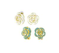 Set di due moderni orecchini a clip in smalto blu 3D e orecchini a bottone bianchi placcati oro 14k