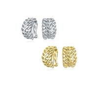 Set di due orecchini a clip a mezza cerchio con foglia a cavo aperto per donne senza orecchie forate in ottone placcato argento oro.