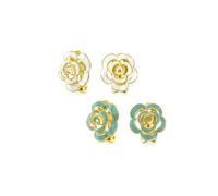 Set di due orecchini a clip in smalto fashion 3D bianco e blu a forma di rosa, stile bottone, per orecchie non forate, placcati in oro 14K.