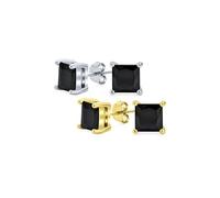 Set di due orecchini a perno con zirconi cubici neri quadrati da 1,5 CTW taglio principessa AAA per uomo, placcati in argento oro, argento sterling .925, 8MM.
