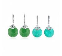 Set Di Due Orecchini Pendenti A Cerchio Piatto In Stile Occidentale Con Filigrana E Pietre Preziose Turchese Stabilizzato Blu E Giada Verde Tinta Per Donne In Argento Sterling .925