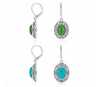 Set Di Due Orecchini Pendenti A Leva Con Cupola In Turchese Stabilizzato Blu E Quarzo Verde Tinto Ovale Incastonato In Stile Boho Occidentale Floreale Argento Sterling Ossidato .925 Per Donne