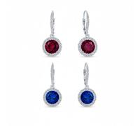 Set Di Due Orecchini Pendenti A Leva Con Zirconi Cubici Rossi E Blu Rotondi Da 3,5Ct Con Halo Per Donna In Argento Sterling .925