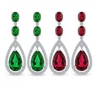 Set Di Due Orecchini Pendenti Chandelier A Goccia Grande In Stile Art Deco Con Smeraldo Verde Simulato E Rubino Rosso AAA Cubic Zirconia Halo Per Donne Festa Nuziale Placcati In Argento