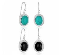 Set Di Due Orecchini Pendenti Ovali Con Pietre Preziose In Turchese Blu E Onice Nero In Stile Occidentale Con Bordo A Cavo Milgrain Per Donna In Argento Sterling .925 Con Gancio A Pesce