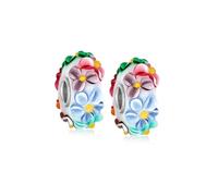 Set di due perline con ciondolo a forma di fiore multicolore in vetro di Murano 3D bianco rosa blu verde per donne e adolescenti, adatte a braccialetti europei. Nucleo in argento sterling .925