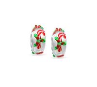 Set di due perline distanziatrici in vetro di Murano a forma di bastoncino di zucchero rosso natalizio con menta piperita e argento sterling .925, adatte per braccialetti con charm europei per donne.