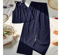 Set di due pezzi composto da canotta e pantaloni alla moda e versatile per ragazze, design con bottoni sulla schiena, tessuto intrecciato, top aderente + pantaloni a gamba dritta rilassata, adatto per