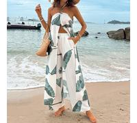 Set di due pezzi composto da un top con scollo alla halter e stampa di piante tropicali con spacco alto e pantaloni a gamba larga in vita elastica, adatto per la primavera e l'estate L,M,S,XLTropicale