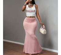 Set di due pezzi composto da un top corto con motivo a lettera elegante e una gonna lunga plissettata rosa, adatto per San Valentino, appuntamenti, abiti da invitata a matrimoni, feste, raduni, vacanz