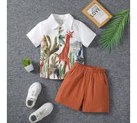 Set Di Due Pezzi Con Camicia A Maniche Corte Con Stampa Giraffa E Pantaloncini Per Ragazzo Giovane 6Y,7Y,8Y,4Y,5YAnimale,DinosauroTessuto,Poliestere