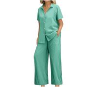 Set di due pezzi da donna casual da viaggio, set completo con scollo a V a maniche corte con risvolto camicia a gamba larga pantaloni a lunghezza intera con tasche Co Ord abiti comodi da salotto
