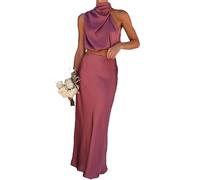 Set Di Due Pezzi Da Donna Completi Estivi Collo Alto Senza Maniche Asimmetria Top Set Di Gonne Lunghe Rose Red S