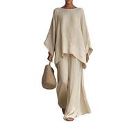 Set di due pezzi da donna in cotone e lino oversize autunnale a maniche lunghe camicia di lino irregolare in vita elastica pantaloni a gamba larga abiti, cachi, L