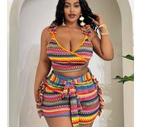 Set di due pezzi da donna in stile boho-bohémien per la primavera e l'estate, composto da una canotta con scollo a V e volant sulle spalle e pantaloncini slim con decorazione laterale a fungo in vita,