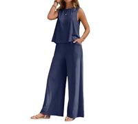 Set di due pezzi da donna primavera casual vestiti eleganti set da allenamento estivo crociera viaggio tuta top pantaloni abiti, Blu scuro, S