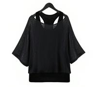 Set di due pezzi da donna taglie forti, composto da un gilet nero casual, comodo, elasticizzato e versatile, e una coprente protezione solare estiva, stile semplice, adatto per l'estate europea 0XL,1X