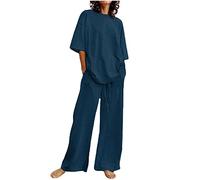 Set di Due Pezzi di Lino Casual Completo Casa Larghi Taglie Forti Curvy Tuta Elegante Camicia + Pantaloni Lino Completa Larghi Tuta Estiva Confortevole Due Pezzi Regalo per la Festa della Mamma