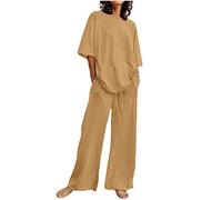 Set di Due Pezzi di Lino Casual Completo Casa Larghi Taglie Forti Curvy Tuta Elegante Camicia + Pantaloni Lino Completa Larghi Tuta Estiva Confortevole Due Pezzi Regalo per la Festa della Mamma