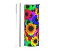 Set di due pezzi in acciaio inossidabile con cannuccia - Bicchiere termico con stampa arcobaleno girasole con manico, coperchio e cannuccia - Tazza termica portatile