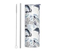 Set di due pezzi in acciaio inox con cannuccia - Borraccia termica portatile per bevande calde e fredde con stampa a tema oceano, 600 ml