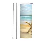 Set di due pezzi in acciaio inox con cannuccia - Borraccia termica portatile per bevande calde e fredde con stampa di stelle marine e coralli sulla spiaggia, da 590 ml