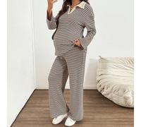 Set di due pezzi per la maternità per l'autunno: maglietta a maniche lunghe con spalle cadenti a righe kaki e pantaloni casual da casa con vita regolabile per il gender reveal L,M,S,XL,XS,XXL,XXS,XXXL