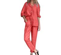 Set di due pezzi per le donne casual, camicie con bottoni con scollo a V camicie a maniche lunghe casual top stile allentato pantaloni con coulisse in vita pantaloni a gamba dritta pantaloni a