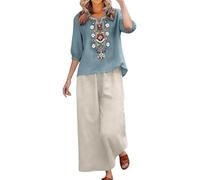 Set di due pezzi per le donne in lino ricamato Co Ord Set Plus Size 3/4 maniche top elastici a vita alta pantaloni set scollo a V maglietta pantaloni tuta abiti estivi casual loungewear, Azzurro, XL