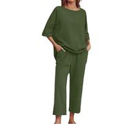 Set di due pezzi per le donne Linen Co Ord Set Plus Size Top a maniche corte pantaloni elastici Set girocollo T Shirt Pantaloni Suit Outfits Summer Loungewear Casual Homewear, Verde militare, 3XL